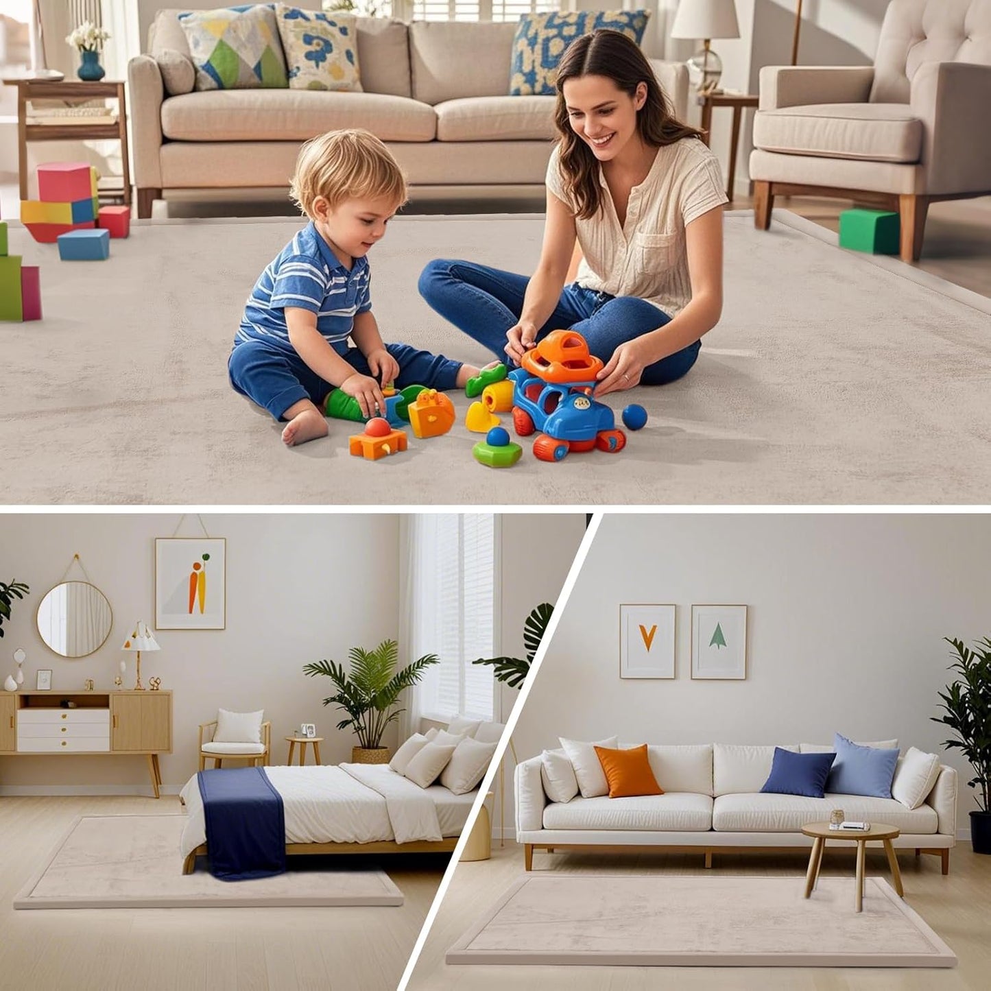 ACOMOPACK Baby Play Mat for Floor,1.3" Thick Memory Foam Area Rug for Living Room,Soft Velvet Crawling with Non-Slip Bottom for Kid,Toddler,71"×79" Tummy Time Nursery Rugs,Yoga(Beige)