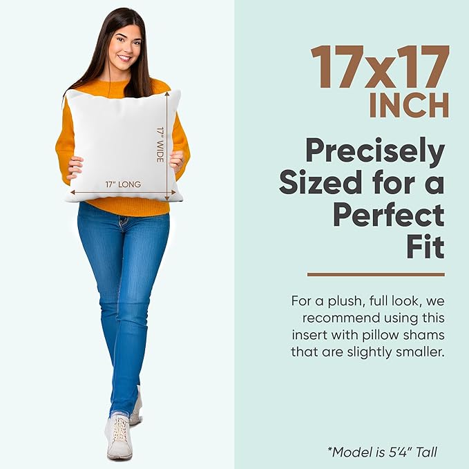 Pillowflex Premium Polyester Throw Pillow Insert - 17x17 Ultra Soft Small Square Throw Pillow, Couch Sham, Lumbar, Back, Sofa - Machine Washable - Decorative Accent Form - 1 Soft Pillow