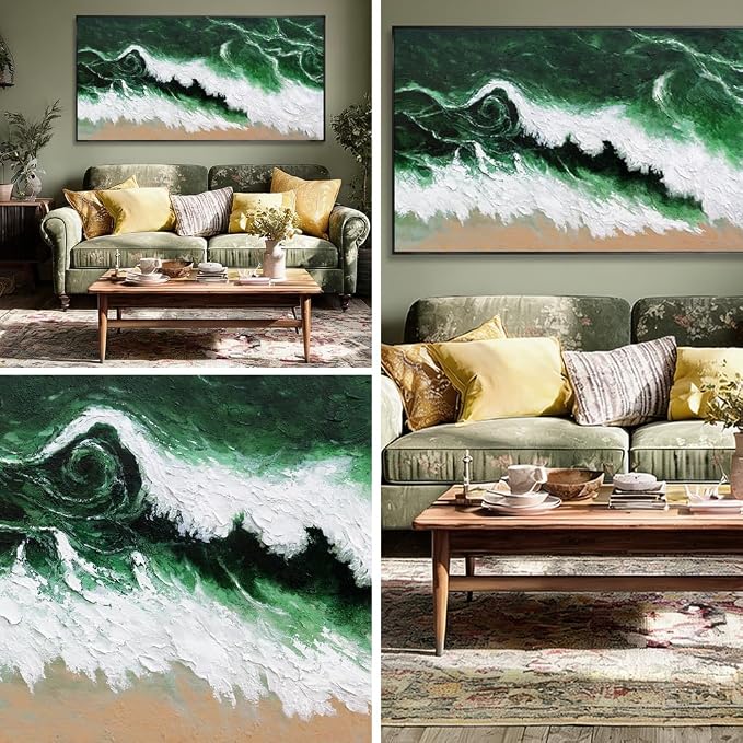 Large Framed Canvas Print Wall Art Abstract Green Wave Nature White Textured Modern Minimalist Art Canvas Wall Decor Living Room 24"x48"