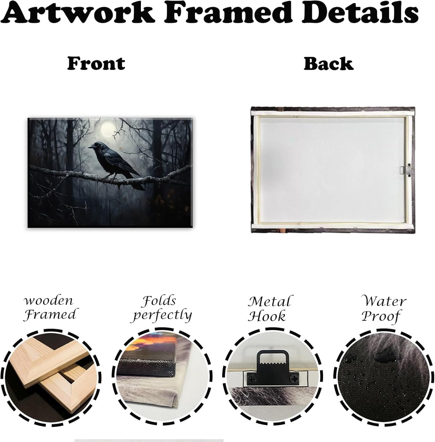 OAAPITI Crow Canvas Wall Art Black Crow Stand On The Branch Picture Print Moonlit Night Poster Vintage Forest Landscape Painting Artwork Living Room Halloween Decor(Artwork-1,16"x24")