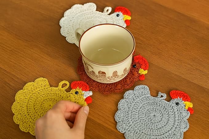Handmade Crochet Chicken Coasters Set of 4, Mom, Stuffed Animal-Themed Drink Coasters, Cute Desk Accessories, Home Decor, Tabletop Protection, Crazy Chicken Lady Must Have