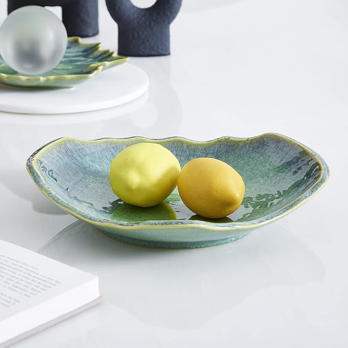 Large Ceramic Decorative Bowl, 12" Dish, Green Reactive Glaze | Centerpiece Bowl, Modern Coffee Table Decor, Entryway Catchall Key Bowl, Decorative Fruit Bowl for Dining Table Living Room