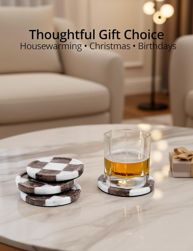 Marble Coasters Set of 4, White & Oceanic Handmade 4 inch Round Stone Coaster, Drink Checkered Coaster Plates for Coffee Table, Stylish Bar Accessories & Modern Home Décor