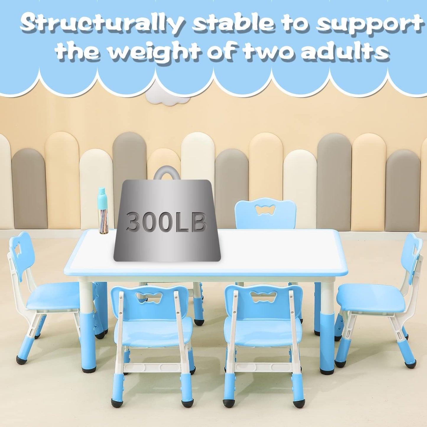 Children's Table and Chair Set Suitable for Boys and Girls Age 2-12 Height Adjustable Table top Can be Painted with 6 Seats Suitable for Family Learning Daily use (Sky blueBlue)