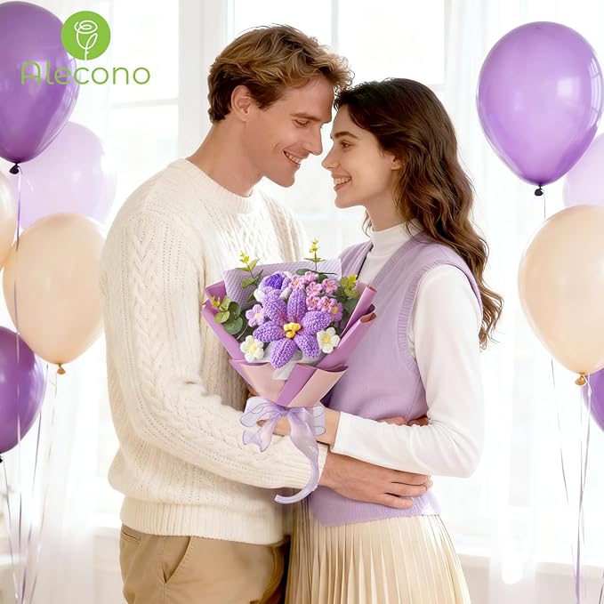 Alecono Crochet Flower Bouquet, Purple Knitted Flowers, Handmade Bouquet of Flowers for Lover Anniversary Birthday Party Mother's Day Graduation Teacher's Day Gifts (Include Card)
