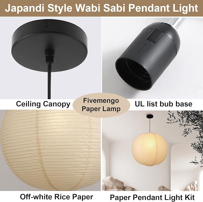 Large Paper Pendant Light with Cord and Canopy, 23.6in Off-White Rice Paper Hanging Lamp, Japanese Japandi Wabi Sabi Lantern Lamp Chandelier for Living Dining Room Bedroom Kitchen 2 Pack