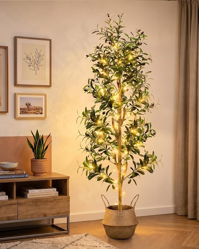 TNELTUEB Faux Olive Tree 6FT- Indoor Tall Artificial Olive Trees with Lights & Basket and Planter, Fakeplants Artificial Plants with Natural Wood Trunk and Realistic Fruits for Home Living Room Decor