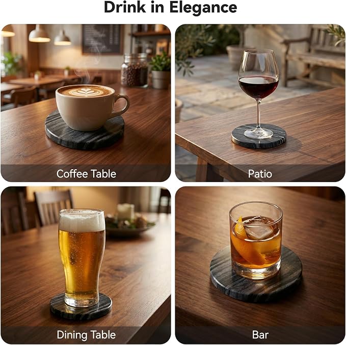 Black Marble Coasters Set of 6, Elegant Black & Dark Gray Coasters for Coffee Table, 4" Round Polished Black Stone Coaster with Unique Veins – Heat Resistant, Non-Slip, Housewarming Gift