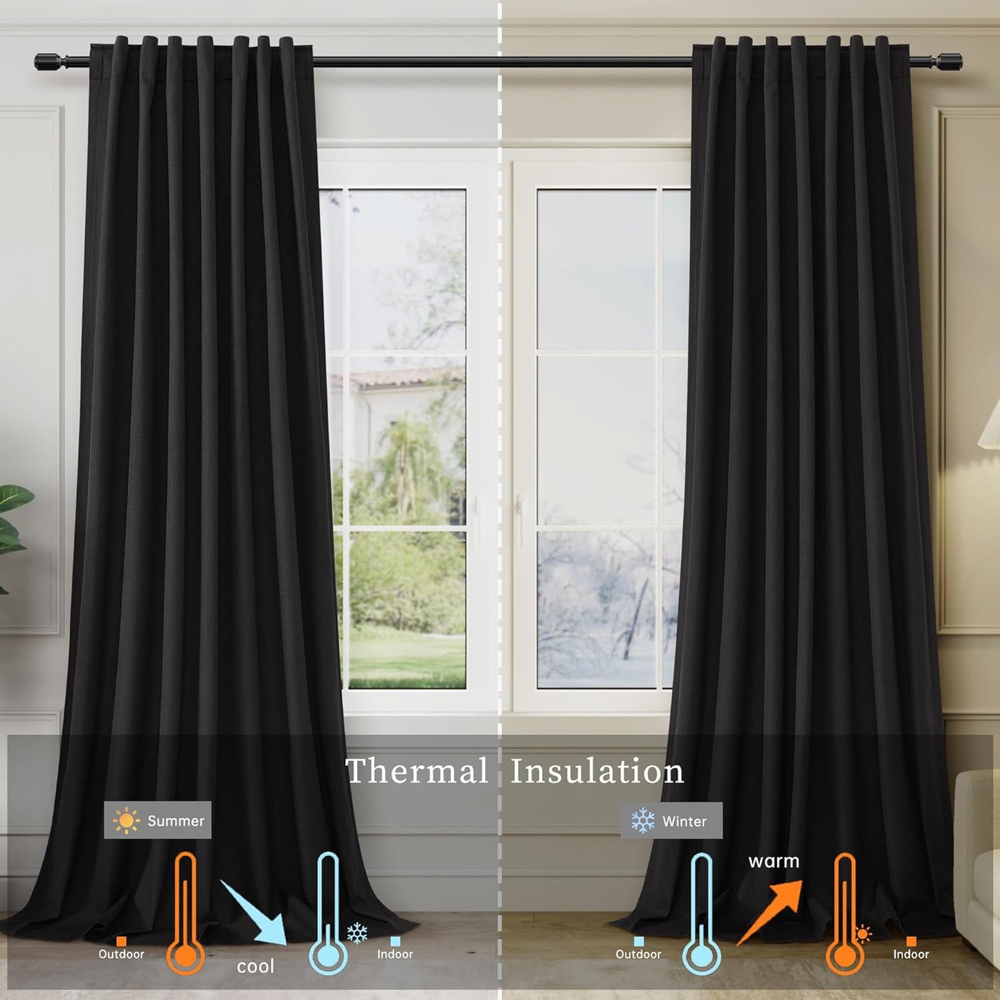 BOODII Black Blackout Curtains for Bedroom 80 Inch Length 2 Panels Set Room Darkening Curtains Linen Black Out Curtain Modern Thermal Insulated Living Room Drapes Back Tab 52x80