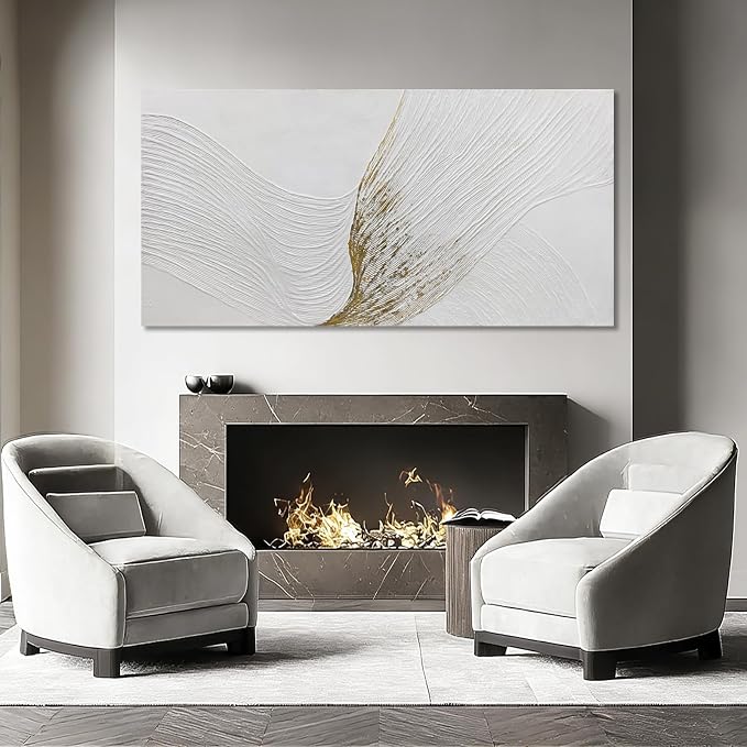 Hue7Art Contemporary White and Gold Abstract Canvas Wall Art Textured Line Design Minimalist Hand Painting Artwork for Living Room Bedroom Office Neutral Decor 29x58 Inch