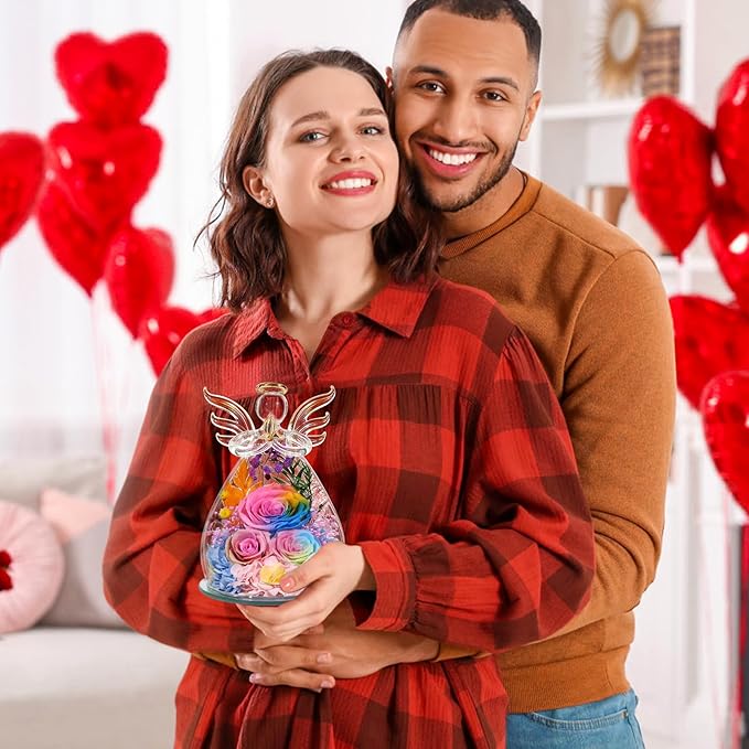 Gifts for Mom Birthday Gifts for Women Preserved Rose Forever Flower in Glass Angel Figurines Fresh Flowers for Delivery Anniversary Mothers Day Real Colorful Roses for Grandma Her Wife from Daughter