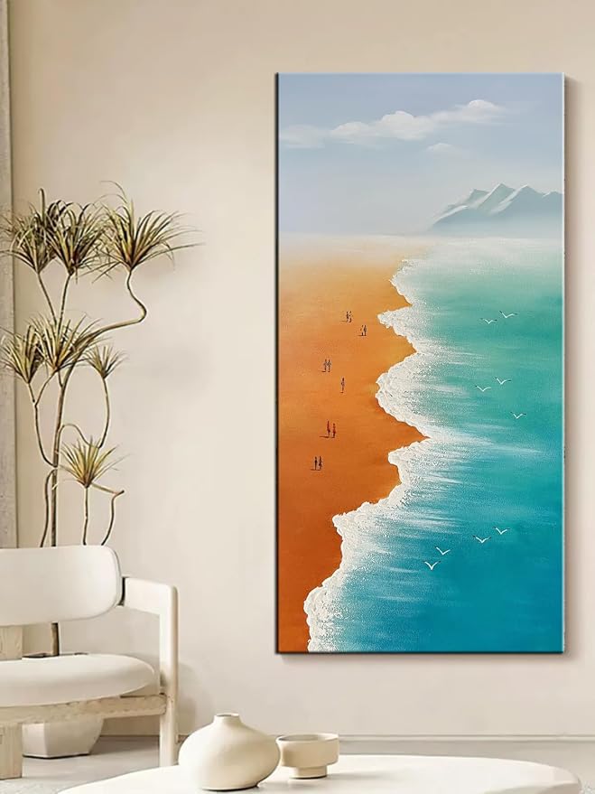 YaSheng Art - 24x48inch landscapes Abstract Art Painting Oil Painting on Canvas Texture Blue Ocean scenery sandbeach Paintings HandMade Canvas Wall Art Paintings Modern Home Decor Art Living room sofa bedroom dining room hanging pictures