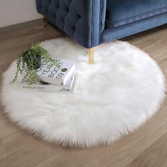 Ashler Faux Fur Rug - Fluffy Shaggy Area Rug, Ultra Soft 3 x 3 Feet Round, White Fuzzy Machine Washable Shag, Nursery Decor Throw for Bedroom, Kids Room, Living Room