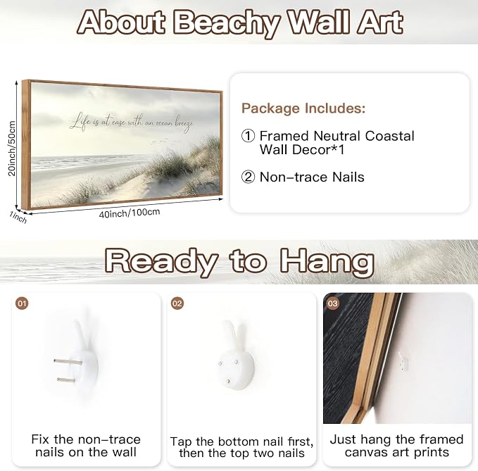 CHDITB Coastal Beach Landscape Wall Art Framed, Neutral Boho Pampus Grass Beachy Scenery Canvas Artwork, Large Nautical Ocean Waves Seascape Cozy Relaxing Calming Quotes Painting Decor for Bedroom Office (40"L x 20"W)