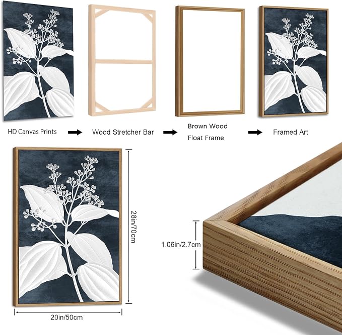 Large Botanical Wall Art for Living Room Natural Wood Float Framed Art Set of 3 White Plant Canvas Pictures Minimalist Artwork Indigo Canvas Prints for Bedroom Home Office Wall Decor 20"X28"X3