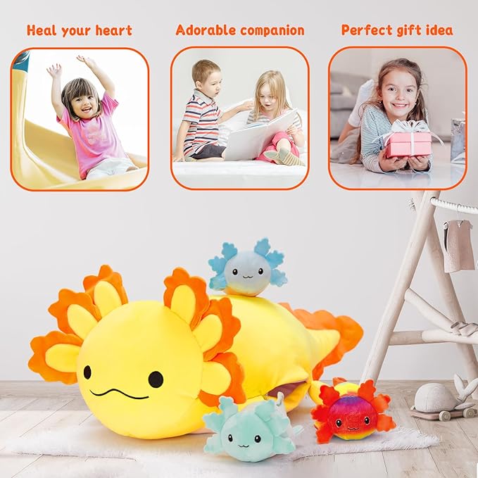 MaoGoLan 4Pcs Giant Axolotl Plush with 3 Babies Inside-23.5" Large Ultra Soft Axolotl Stuffed Animals Throw Pillow-Squishy Stuffed Axolotl Plush Collection Gift for Axolotl Lover,Kids,Teens,Yellow