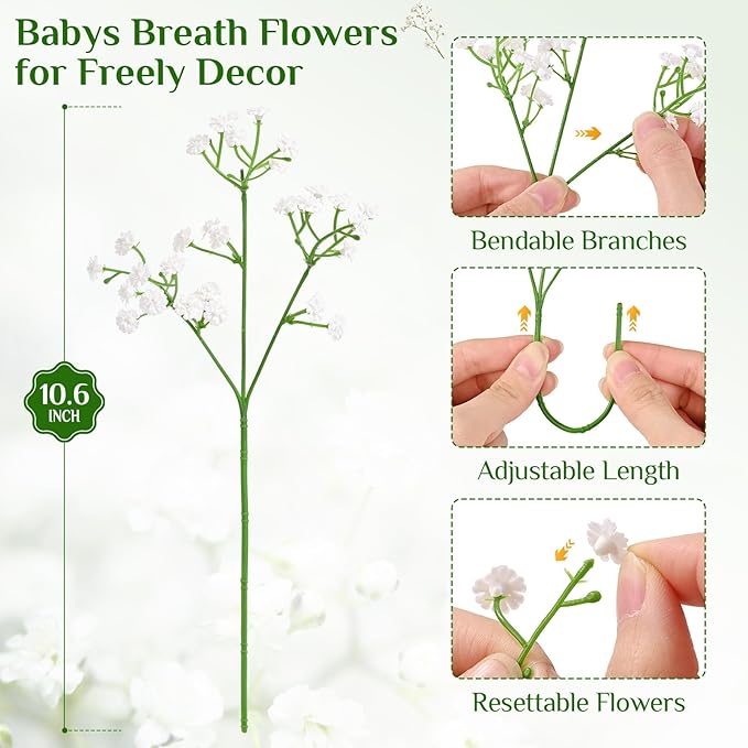 Yastouay 100 Pcs Babys Breath Artificial Flowers, White Baby Breath Flowers Artificial Bulk, Real Touch Fake Flowers Babys Breath Gypsophila for Wedding Home Party Bouquet Floral Arrangement Decor
