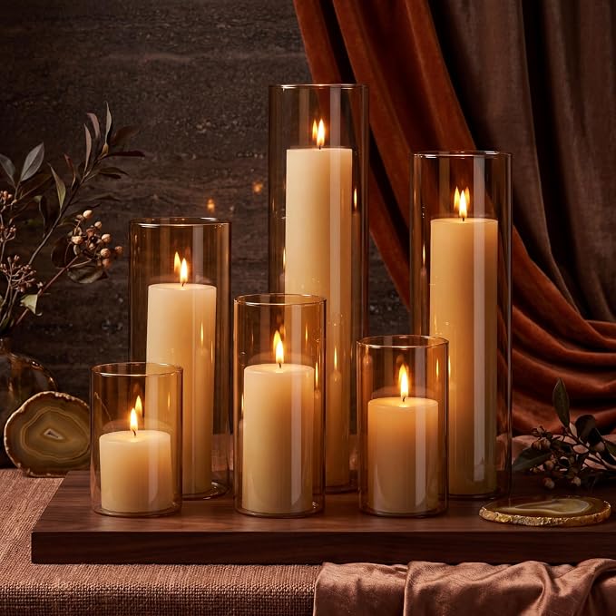 Shihanee Set of 6 Pillar Candles and Glass Cylinder Vases Assorted Sizes Cylinder Holders for Pillar Candles Home Table Centerpieces Wedding Party Decorations (Ivory,Amber)