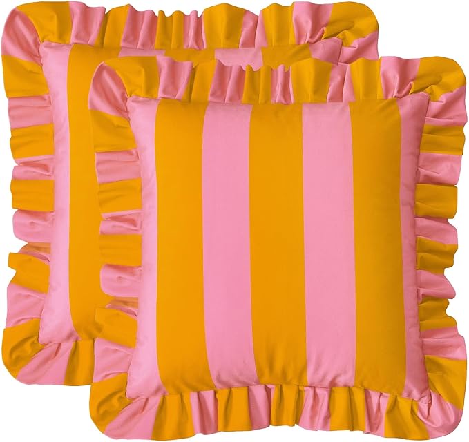 MONDAY MOOSE Decorative Throw Pillow Covers, Set of 2 Water-Resistant Striped Design with Ruffle Edge for Outdoor/Indoor Use, Pillow Inserts Not Included (20x20 inch, Light Pink/Honey)