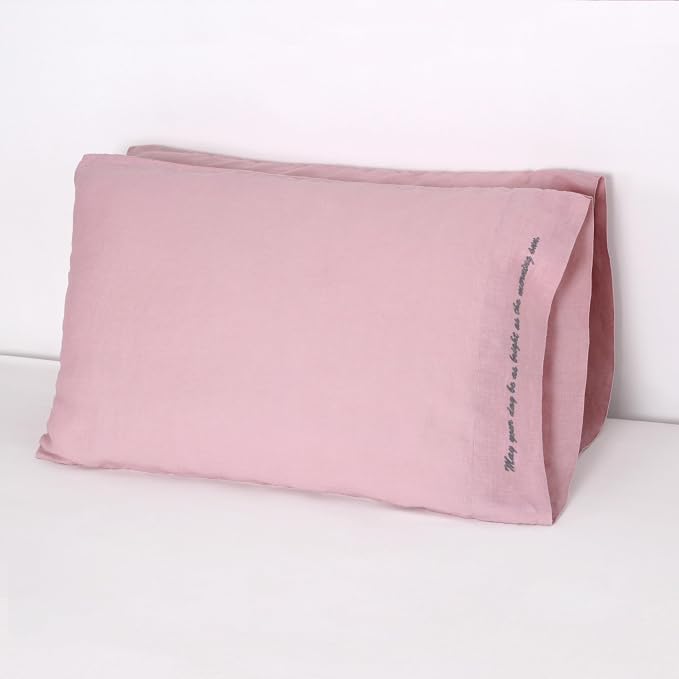 Linen Pillow Cases with Embroidery Design,20"x40" King Size Set of 2,100% French Flax Soft Handmade Linen Pillowcases,Pink Lavender Embroidery