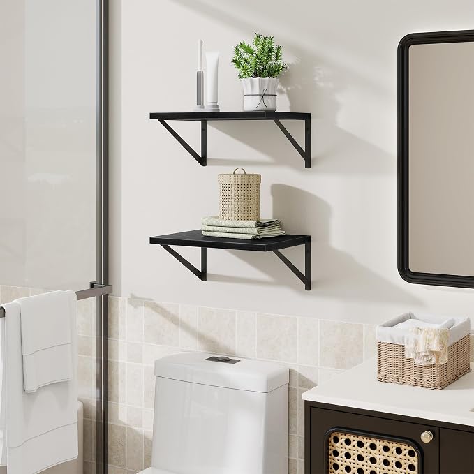 Acovy Deep Floating Shelves,16" Wx10 D Floating Shelves for Wall Set of 2,Heavy Duty Wood Floating Shelf with Metal Bracket,Wall Mounted Hanging Shelf for Living Room Bedroom Bathroom Kitchen,Black