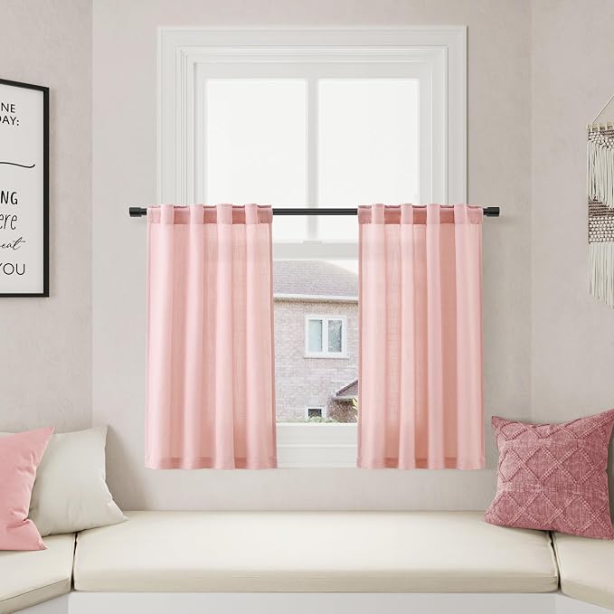 Pink Linen Cafe Farmhouse Kitchen Curtains 36 Inch Length Linen Privacy Light Filtering Pleated Short Curtains with Rod Pocket Back Tab for Over Sink Cafe Girl Bathroom Laundry Room 2 Panels 26Wx36L