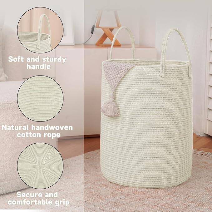 JMvicyroam Large Woven Laundry Basket Hamper,100L Cotton Rope Storage Bin for Blankets,Toys and Clothes,Decorative Tall Nursery Hamper for Living Room,Baby Nursery,Bathroom and Bedroom,White