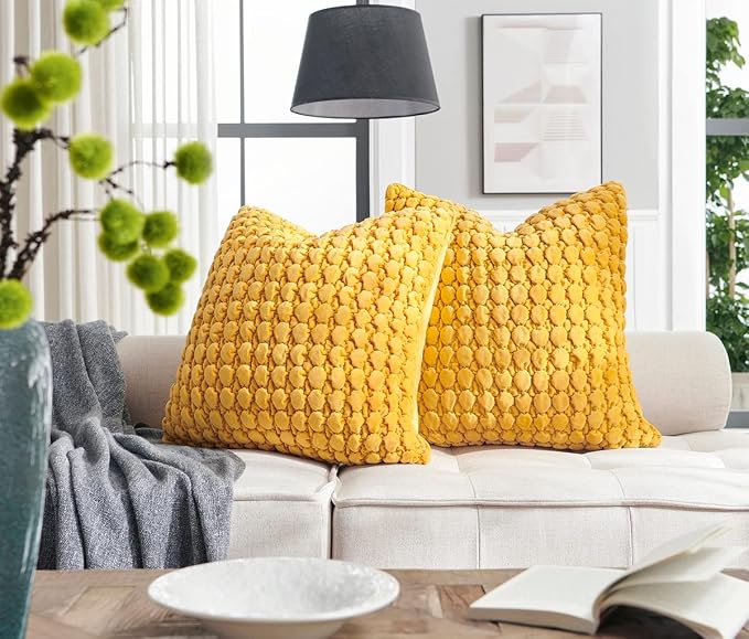 Pillow Covers 24x24 Set of 2 Velvet Euro Shams Decorative Farmhouse Pillowcases Boho Square Cushion Covers Soft Bubble Texture for Couch Sofa Bed Bedroom Car Living Room,Yellow