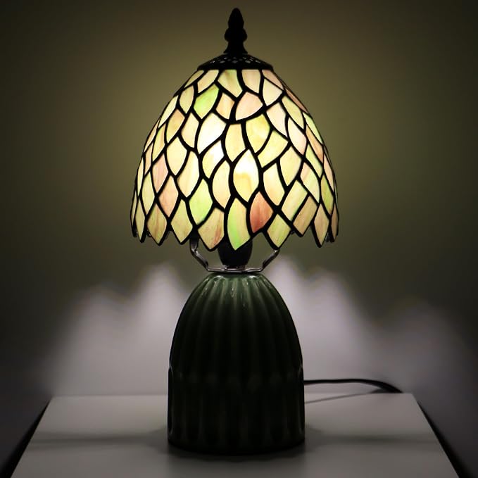 Tiffany Stained Glass Mushroom Table Lamp 12.5 Inch -Brownish Leaf | Tiffany Lamp,6X6X12.5 Inch,Small Night Light,Ceramic Base, Mini Accent Light Suitable,Bedside,Bedroom, Children Room,Antique