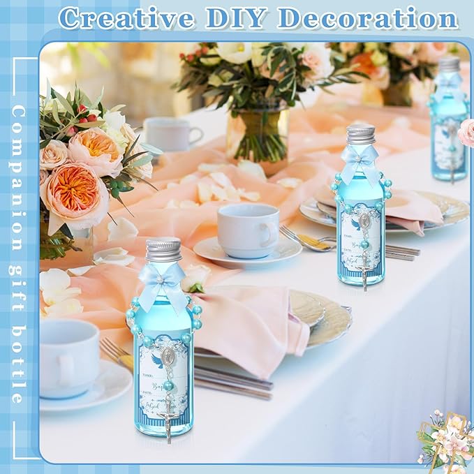FillTouch 24 Sets Catholic Holy Water Bottle Baptism Rosary Set Baptism Favors 1.7oz Christian Water Container Empty Glass Holy Water Bottle for Easter Party Church Wedding Table Newborn (Blue)