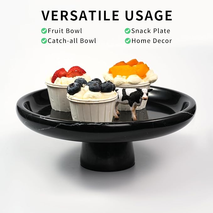 Marble Fruit Bowl for Kitchen - 9.9" Black Decorative Stone Pedestal Bowls for Home Decor, Footed Fruits Holder For Dining Table Counter Organization