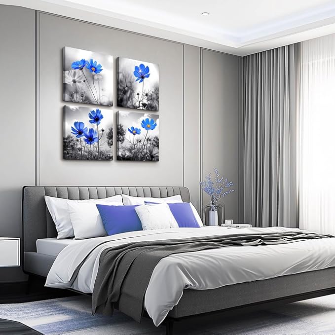 Wall Art For bedroom Black and White cyan blue flower Canvas Wall Decor for Home Decor artwork painting 12" x 12" 4 Pieces Canvas Print For Living Room Decor Modern Salon kitchen Still Life Painting