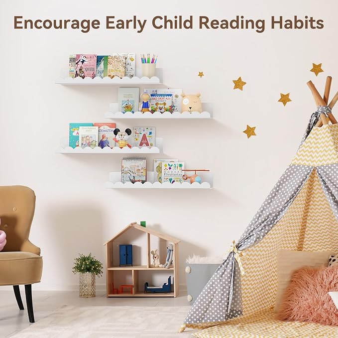 Nursery Book Shelves, 17 Inch Metal Floating Shelves for Wall 4 Pack, Scalloped Shelves, Wall Mounted Book Shelf for Kids Bedroom, Baby Room, Nursery Decor (White)