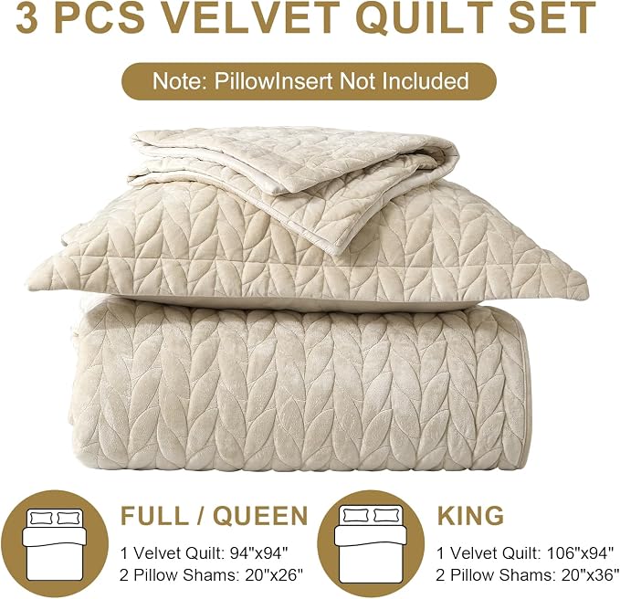 Ivellow Luxury Velvet Quilt Set Queen Size Bedding Sets Lightweight Ultra Soft Velvet Comforter Set Leaves Chevron Stitch Oversized Bedspread Coverlet 3 Pcs Full Bed Cover Sets for All Seasons Beige