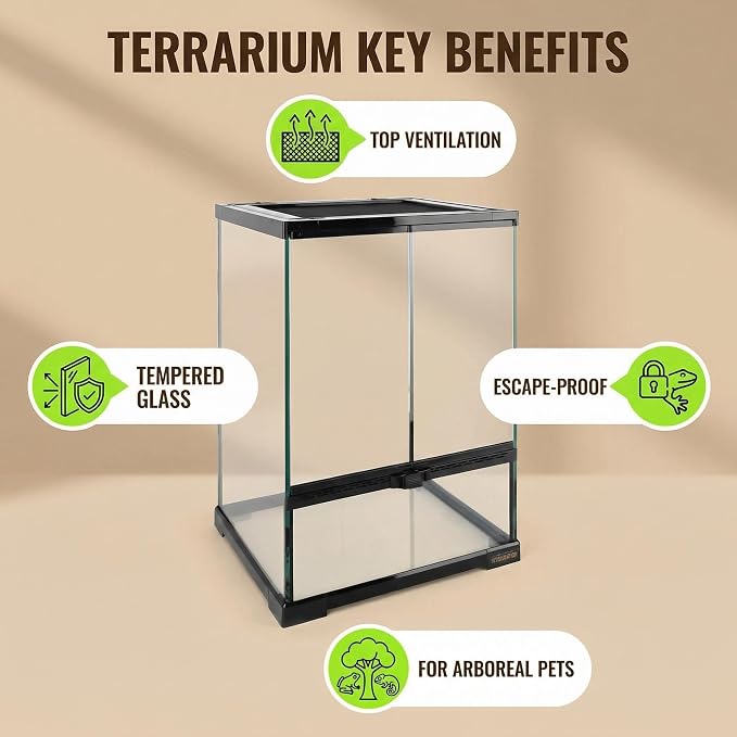 11 Gallon Reptile Glass Tank Vertical Terrarium 12"x12"x18" Habitat Enclosure with Front Openning Door and Top Screen Ventilation for Geckos, Snakes,Tree Frogs,Chameleon