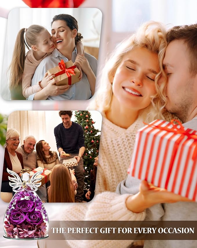 homeasy Roses Gifts for Women Birthday, Preserved Flowers Rose in Glass Angel Figurines, Forever Fresh Flowers for Delivery Gift Box for Wife Mom Her Grandma from Daughter