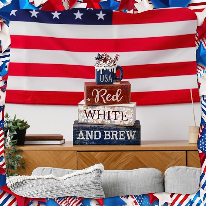 CroBlissful 4 Pcs 4th of July Decorations Patriotic Memorial Day Tabletop Decoration Red White Blue Table Centerpieces USA Coffee Sign for Office Tiered Tray Home Shelf 250th Anniversary