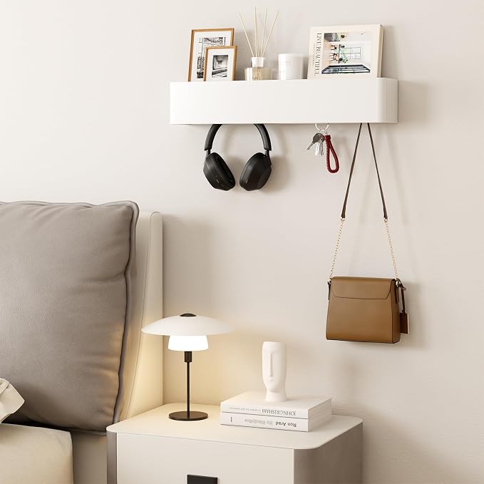 CycleCrew Solid Wood Wall Mounted Coat Rack with Shelf Hooks - Modern Floating Shelves with 5 Hidden Hooks, Heavy Duty Entryway Coat Key Holder Hanger for Hallway Bathroom Bedroom Home Decor
