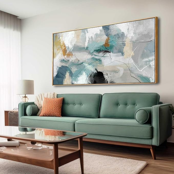Wall Art Living Room Decorations 24"x48" Teal Wall Art Abstract Paintings Modern Framed Art Room Decor for Bedroom Kitchen Office