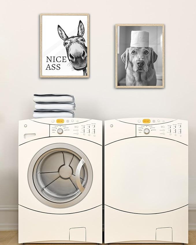 UPWOIGH Funny Labrador Retriever Dog Oak Framed Canvas Wall Art, 12x16 in Black and White Bathroom Humor Print, Modern Minimalist Poster Wall Decor for Restroom or Washroom, 1Pack Gift Idea
