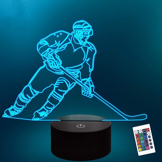 Lampeez Ice Hockey Player 3D Night Lights for Kids LED 16 Colors Remote Control Changing Touch Dimmable Table Desk Lamp Birthday Xmas Gifts Home Decor for Sports Hockey Fan