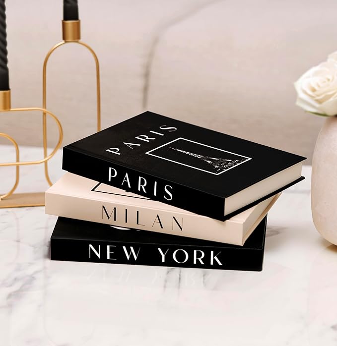Decorative Books for Home Decor, Small Fake Books for Decoration with Blank Pages β Fashion Designer Coffee Table Book Decor Set of 3, Modern Book Stack Shelf Decor β Hardcover, Black/Cream