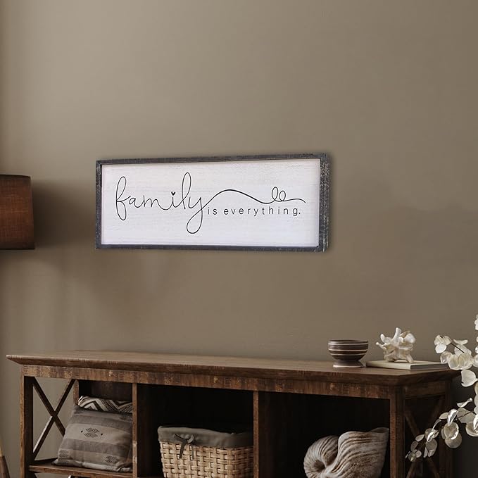 Family is Everything Wall Decor 32"x12" Living Room Large Warm Wood Framed Farmhouse Vintage Sign Home Beautiful And Simple Ready To Hang Hallway Entryway Wall Art Decoration (Black)