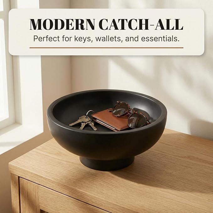 OAKOA Concrete Black Decorative Bowl for Home Decor - Black Fruit Bowl - Modern Pedestal Coffee Table Bowl for Entryway Table