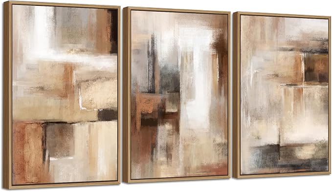 Large Framed Canvas Wall Art - Natural Float Framed Brown Abstract Picturtes for Living Room Decor Brown Abstract Painting Artwork Prints for Bedroom Kitchen Home Office Decor 96" X 48" Set of 3