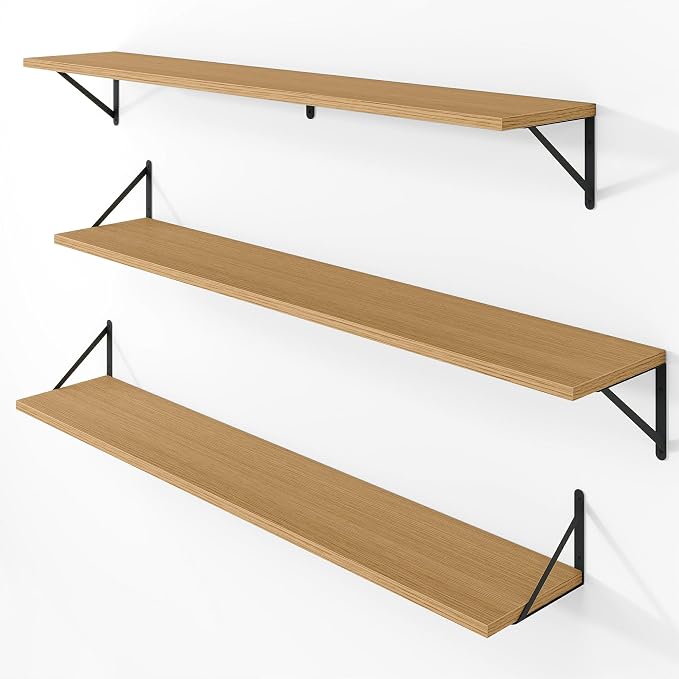 Vivelove 8 Inch Deep Floating Shelves for Wall, 48W x 8D Wood Wall Shelves Set of 3, Rustic Oak Wide Floating Bookshelf for Living Room, Kitchen, Office, Bedroom, with Black Metal Bracke - Oak