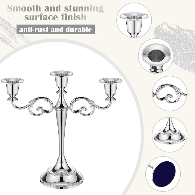 Dandat 3 Pcs 3 Arm Metal Candelabra Candlestick Holders Tall Candlestick Holders Gothic Candle Holder for Home Wedding Church Christmas Party (Classic,10 Inch,Silver)