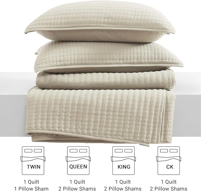 WRENSONGE King Size Quilt-3 Pieces Neutral Lightweight Bedspreads Light Oatmeal King Quilt Bedding Set for All Seasons, Soft Summer Coverlet with 2 Pillow Shams Suitable for Bed, Couch, Quilt Blanket