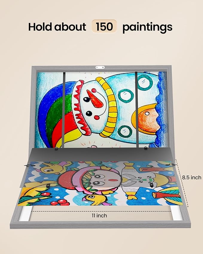 BAIJIALI Grey Art Frames for Kids Artwork - Front Opening Holds 150 Drawings, 3D Crafts - 3 Packs 8.5x11 with mat or 9x12 without Mat