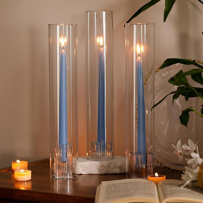 LETINE Hurricane Candle Holders with Ribbed Taper Candle Holders Set of 3(14")- Windproof & Elegant Candle Holder with Glass Cover for Outdoor&Indoors Wedding Centerpieces, Events & Home Decor